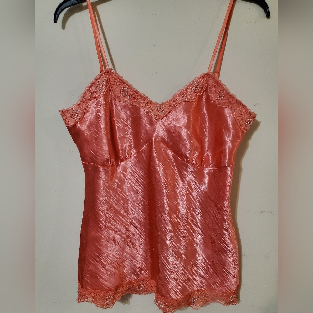 Y2k Silky Beaded Camisole Top Coral Pink Large